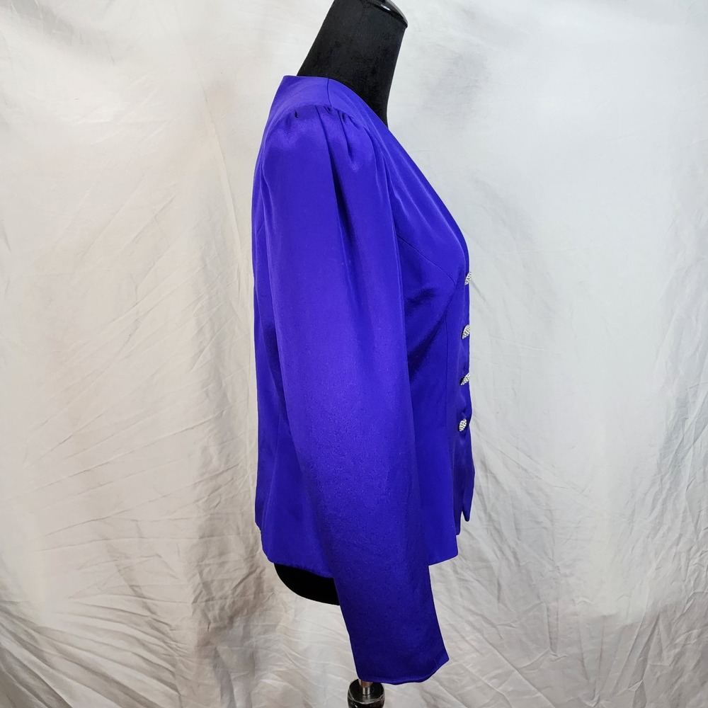 Vintage 80's RIMINI Size 12 Purple 100% Silk Puff Sleeve Jewel Button Blazer EUC - Picture 3 of 12